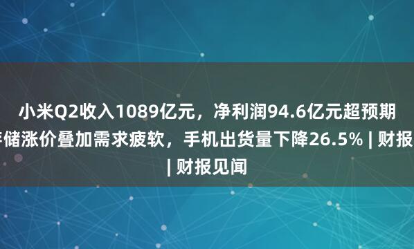 小米Q2收入1089亿元,净利润94.6亿元超预期,存储涨价叠加需求疲软,手机出货量下降26.5% | 财报见闻